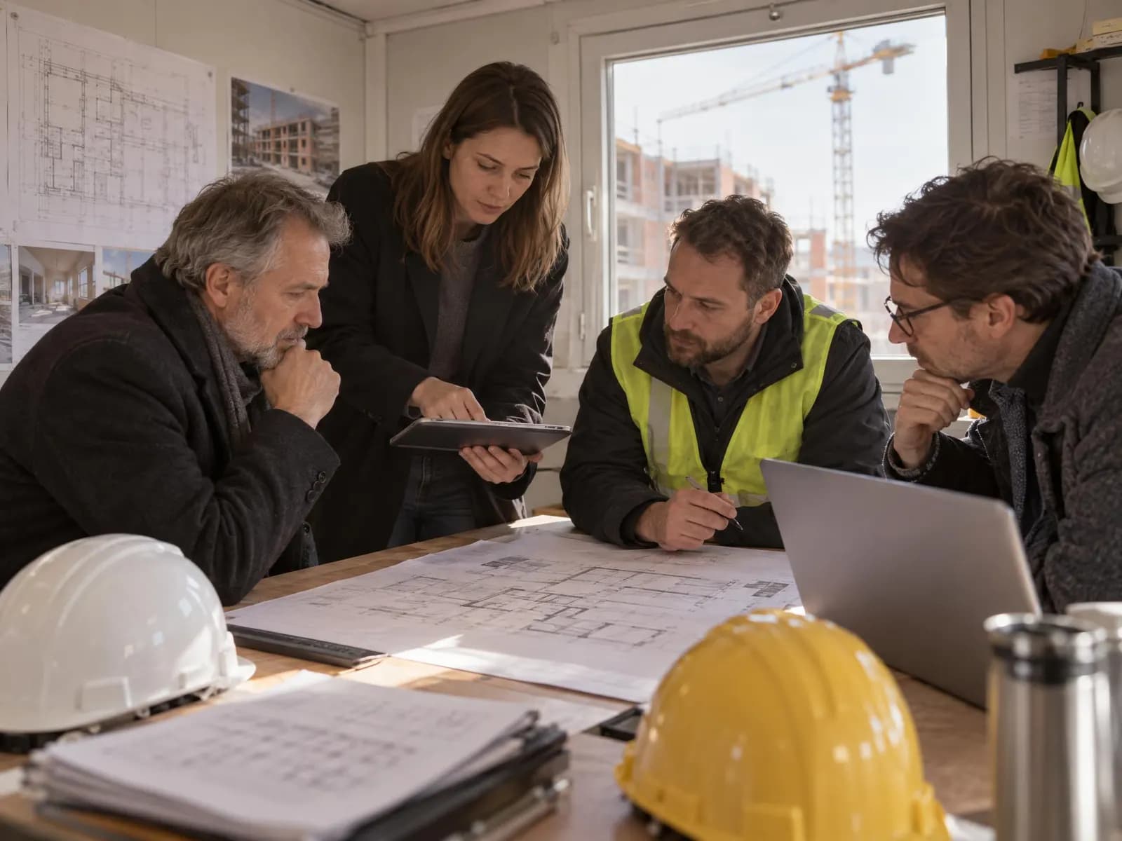 Kontrolní den ve stavební buňce: investor, technický dozor, stavbyvedoucí a architekt nad výkresy