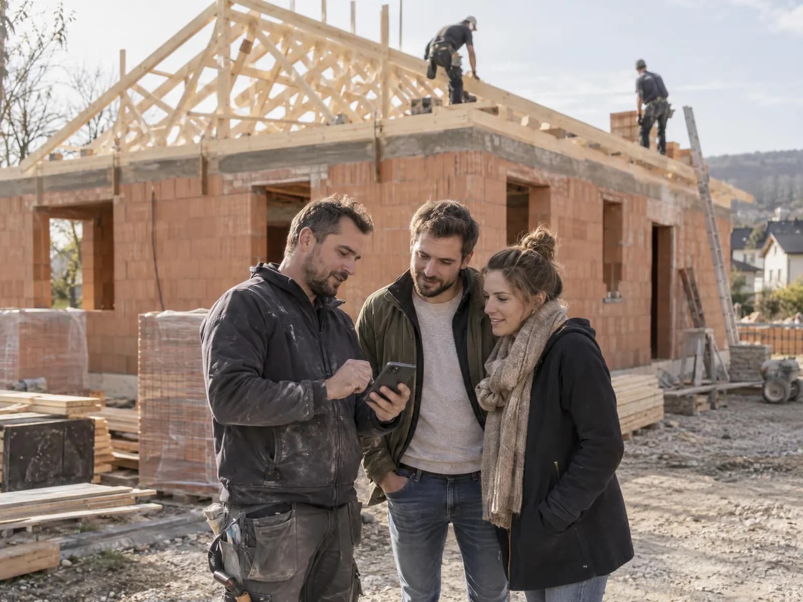 Mladý pár se stavbyvedoucím u rozestavěného rodinného domu s krovem