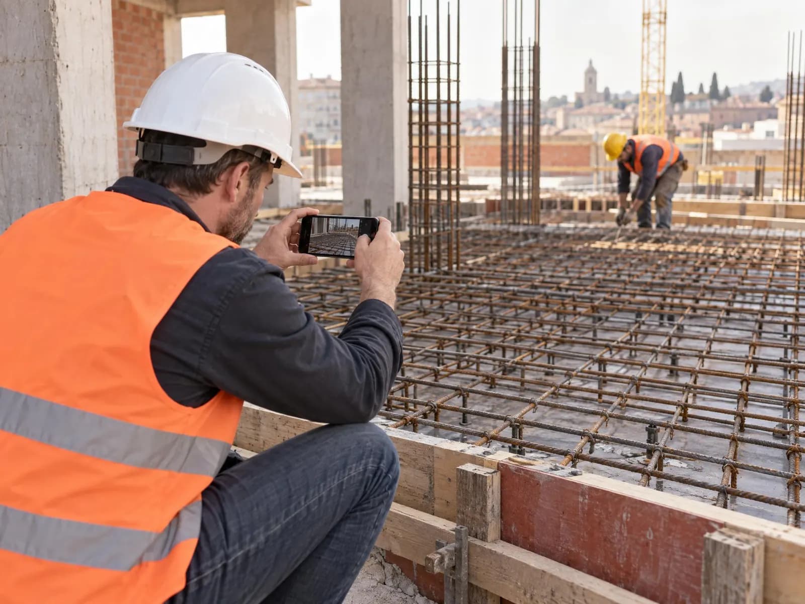 Stavbyvedoucí fotografuje telefonem armaturu stropní desky před betonáží