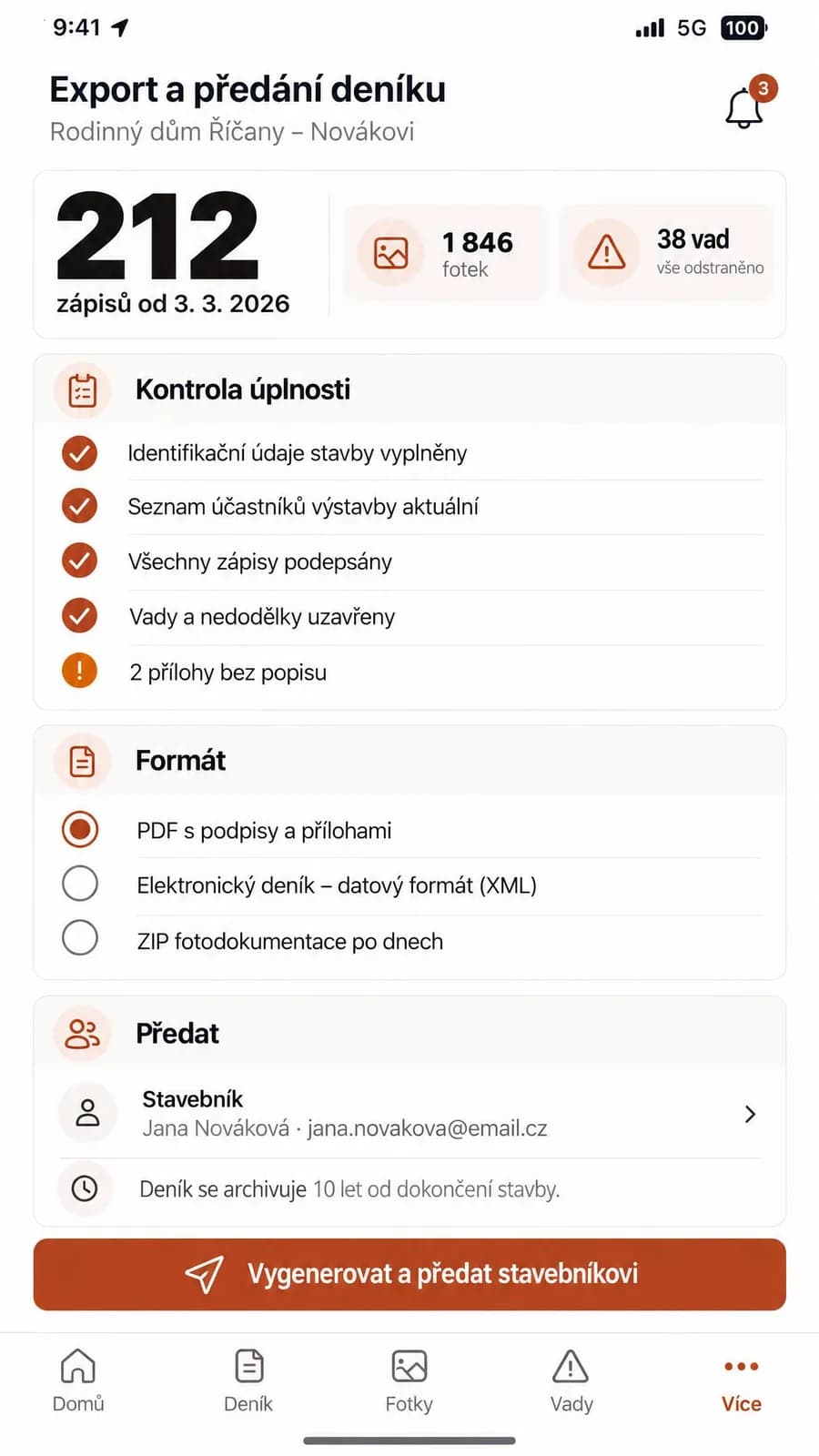 Export a předání deníku stavebníkovi: kontrola úplnosti, formát PDF nebo XML a archivace 10 let